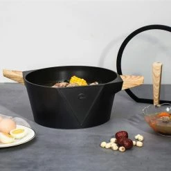 9.5 in. Cast Aluminium Stock Pot Double Layer Non-Stick Coating Glass Lid, Black by CAMMEX -Cheap Bakeware Store black cammex casserole dishes cx822024 44 1000