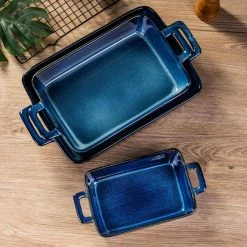 Glimmer Blue Rectangle Ceramic Baker Sets Glaze Stoneware Oven Dish Set Oven Proof Dish (Set of 2) by vancasso -Cheap Bakeware Store blue vancasso bakeware sets vc glimmer a01 44 1000
