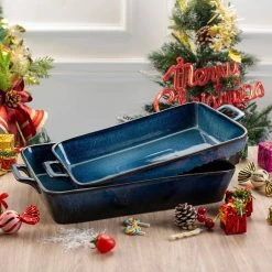 Glimmer Blue Rectangle Ceramic Baker Sets Glaze Stoneware Oven Dish Set Oven Proof Dish (Set of 2) by vancasso -Cheap Bakeware Store blue vancasso bakeware sets vc glimmer a01 76 1000