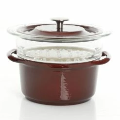 Oak Park 3 Qt. Enameled Cast Iron Casserole with Lid and Glass Steamer in Brown by KENMORE ELITE -Cheap Bakeware Store brown kenmore elite casserole dishes 985114043m 1f 1000
