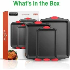 Deluxe Non-Stick 3-Piece Carbon Steel Design with Red Silicone Handles Oven Bakeware Set by NutriChef -Cheap Bakeware Store carbon steel nutrichef bakeware sets ncsbs3s 4f 1000