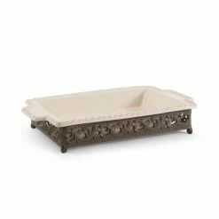 14 in. x 9 in. Acanthus Ceramic Baker with an Artfully Crafted Scrolled Metal Base by GG COLLECTION