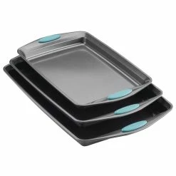 3-Piece Gray Nonstick Bakeware Cookie Pan Set with Agave Blue Silicone Grips by Rachael Ray