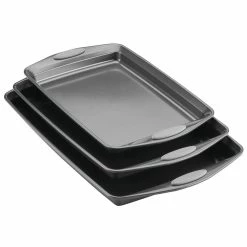 3-Piece Gray Bakeware Nonstick Cookie Pan Set with Sea Salt Gray Silicone Grips by Rachael Ray