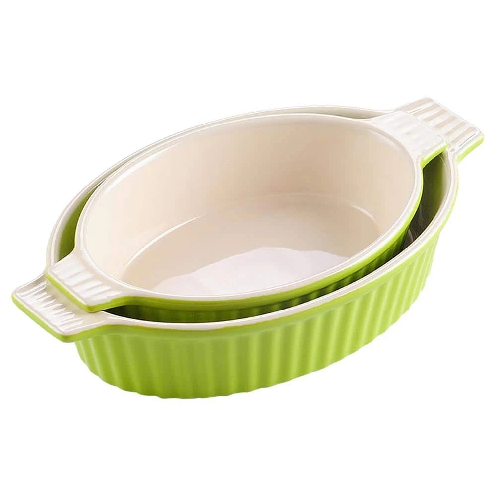 2-Piece Green Oval Porcelain Bakeware Set 9 in. and 11 in. Baking Dishes by MALACASA 1 2-Piece Green Oval Porcelain Bakeware Set 9 in. and 11 in. Baking Dishes by MALACASA