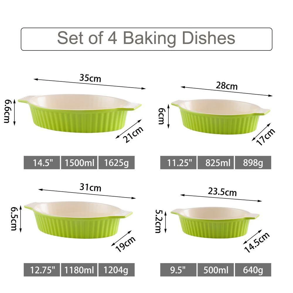 Series Bake Green Ceramic Oval Baking Dish Set of 4 (9.5"/11.25"/12.75"/14.5") Oven to Table Baking Dish by MALACASA 2 Series Bake Green Ceramic Oval Baking Dish Set of 4 (9.5"/11.25"/12.75"/14.5") Oven to Table Baking Dish by MALACASA - Image 2