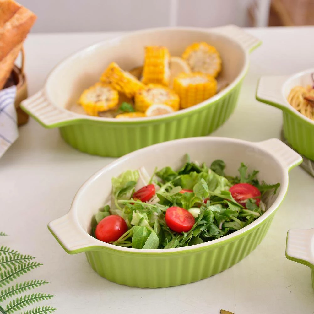 Series Bake Green Ceramic Oval Baking Dish Set of 4 (9.5"/11.25"/12.75"/14.5") Oven to Table Baking Dish by MALACASA 6 Series Bake Green Ceramic Oval Baking Dish Set of 4 (9.5"/11.25"/12.75"/14.5") Oven to Table Baking Dish by MALACASA - Image 6