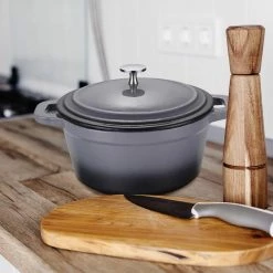 LA PLURIEL 3 qt. Round Enameled Cast Iron Casserole Dish in Gray with Lid by AMERCOOK -Cheap Bakeware Store grey amercook casserole dishes ac 0520g 1f 1000