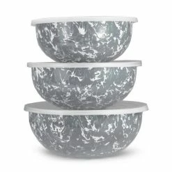 Grey Swirl 3-Piece Enamelware Mixing Bowl Set with Lids by Golden Rabbit