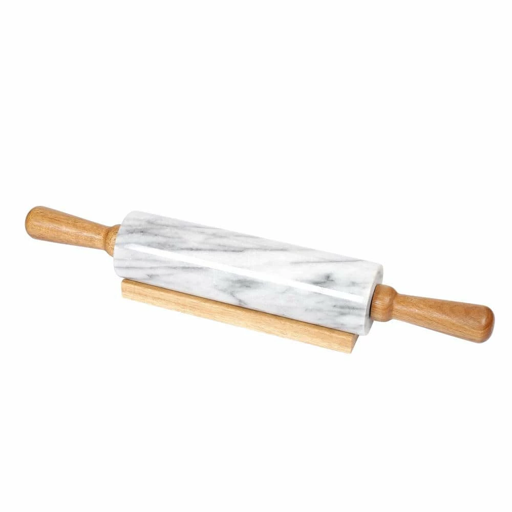 Deluxe 18 in. Natural White Marble Rolling Pin with Wood Handles and Cradle by Creative Home 1 Deluxe 18 in. Natural White Marble Rolling Pin with Wood Handles and Cradle by Creative Home