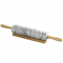 Natural Marble 2-1/4 in. Dia x18 in. Length Rolling Pin Pastry Roller with Wooden Handle and Cradle by Creative Home