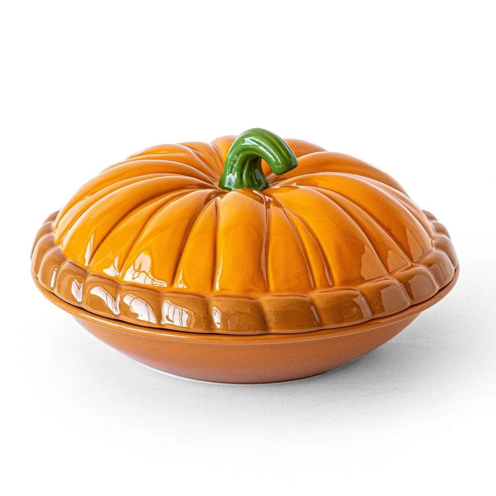 50 oz. Round Stoneware Pie Keeper with Pumpkin Lid by Over and Back 1 50 oz. Round Stoneware Pie Keeper with Pumpkin Lid by Over and Back