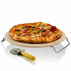 Ceramic Pizza Stone, 13 Thermal Shock Resistance Multi-Purpose Rack/Handle Free Pizza Cutter Wheel by OVENTE