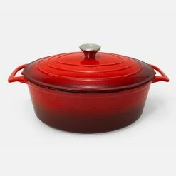 6 Qt Oval Cast Iron Casserole Pan and Lid with Red Enamel Coating by ExcelSteel