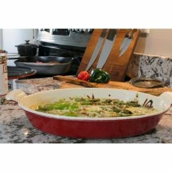 11 in. Chasseur Red French Enameled Cast Iron Oval Casserole by French Home -Cheap Bakeware Store red french home bakeware sets ci 3602r c185 31 1000