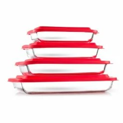 Joyful 4-Piece Rectangle Glass Bakeware Containers Set with 4 Airtight Lids - Red by JoyJolt