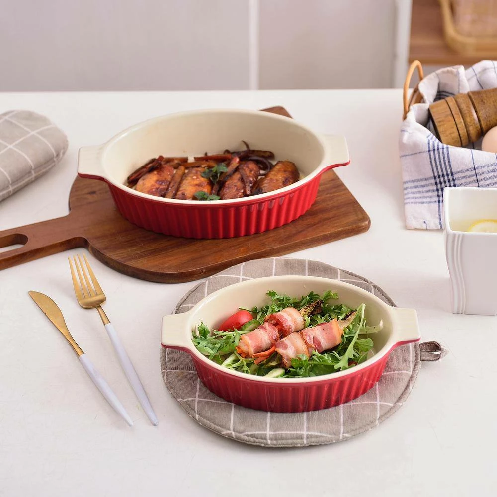 2-Piece Red Oval Porcelain Bakeware Set 9.5 in. and 11.25 in. Baking Dish Pans by MALACASA 5 2-Piece Red Oval Porcelain Bakeware Set 9.5 in. and 11.25 in. Baking Dish Pans by MALACASA - Image 5