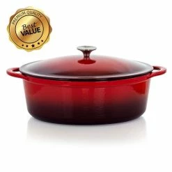 Artisan 7 qt. Oval Enameled Cast Iron Nonstick Casserole Dish in Gradient Red with Lid by MegaChef