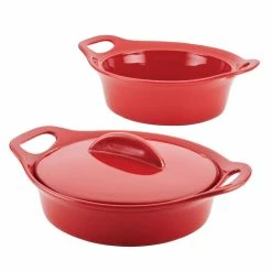 3-Piece Red Ceramics Bakeware Set with Lid by Rachael Ray
