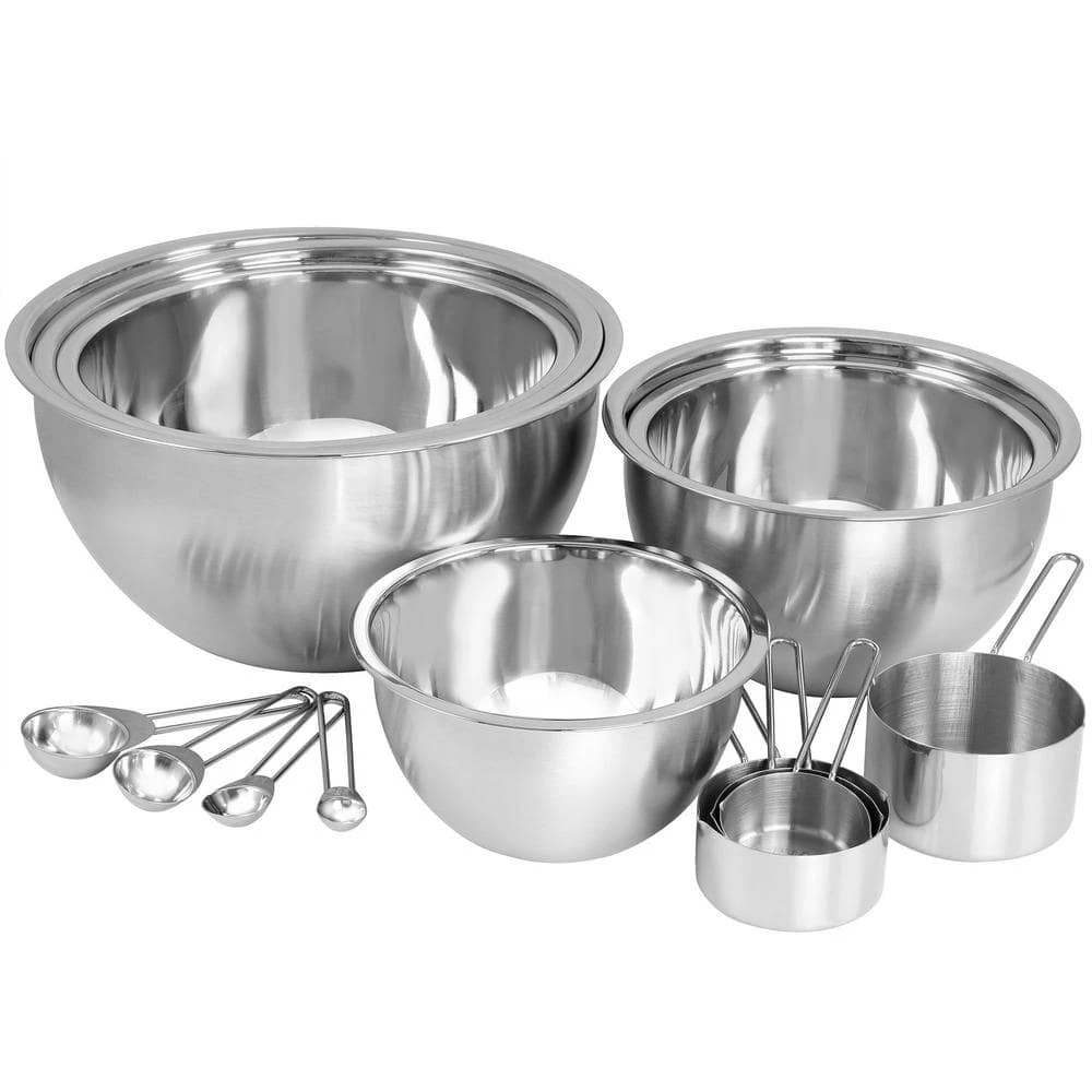 14-Piece Stainless Steel Measuring-cup and Spoon Set with Mixing Bowls by MegaChef 1 14-Piece Stainless Steel Measuring-cup and Spoon Set with Mixing Bowls by MegaChef