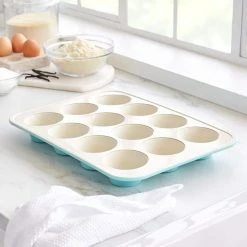 12 Cup Healthy Ceramic Nonstick Muffin Pan by GreenLife -Cheap Bakeware Store turquoise greenlife cupcake pans muffin pans bw000056 002 1f 1000