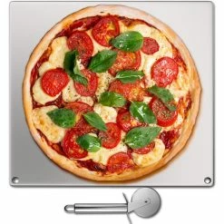 Steel Pizza Plate 14 in. x 14 in. x 0.4 in. High-Performance Square Pizza Pan with Wheel Cutter for Grill, Silver by VEVOR