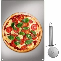 Steel Pizza Plate 14 in. x 20 in. x 0.4 in. Non-stick Surface Rectangle Pizza Stone with Pizza Cutter for Baking, Silver by VEVOR