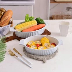 2-Piece White Oval Porcelain Bakeware Set 12.75 in. and 14.5 in. Baking Dish by MALACASA -Cheap Bakeware Store white malacasa bakeware sets bake bake 032 wb 31 1000